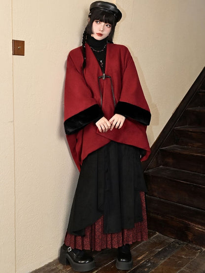 Embellished - Year Red Coat Cuffs Placket Button Plush Sleeve New Tassel Cape