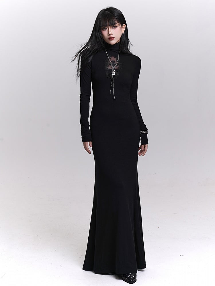 Gothic Elegance Black Mermaid Dress with Coffin-Shaped Cutout & Cross Applique
