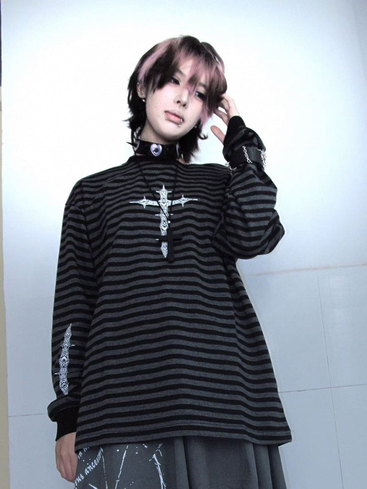 Sweatshirt with Gothic Black Print Gray Striped Cross