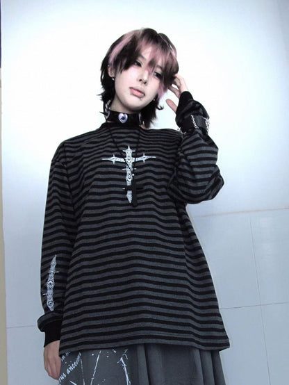 Sweatshirt with Gothic Black Print Gray Striped Cross