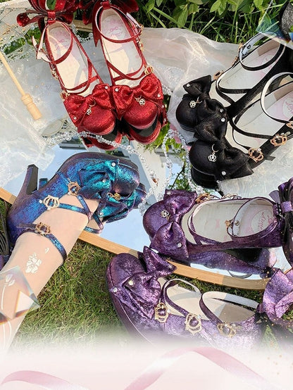 Spakling Black Bowknot Round Toe Lolita Shoes with Crown Buckle and Pendant Details - 8.5cm High Heel - Aimee