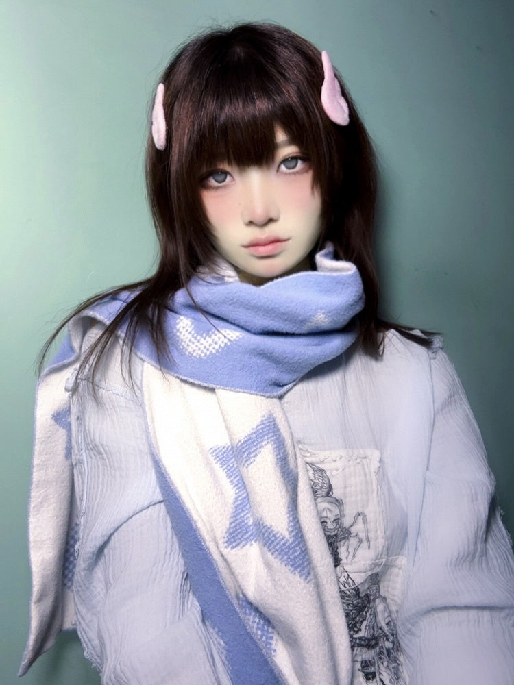 White-Blue Reversible Scarf with Star & Heart Knit - Alita26SS