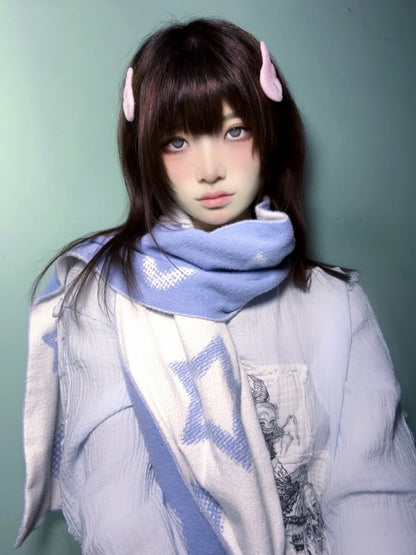 White-Blue Reversible Scarf with Star & Heart Knit - Alita26SS