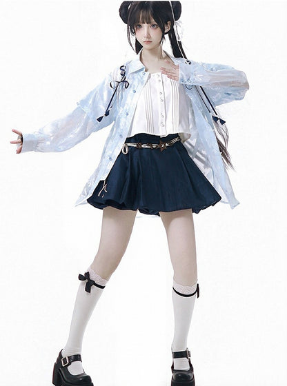 Dark Blue Mini Skort with Rope Belt - PINK SAVIOR
