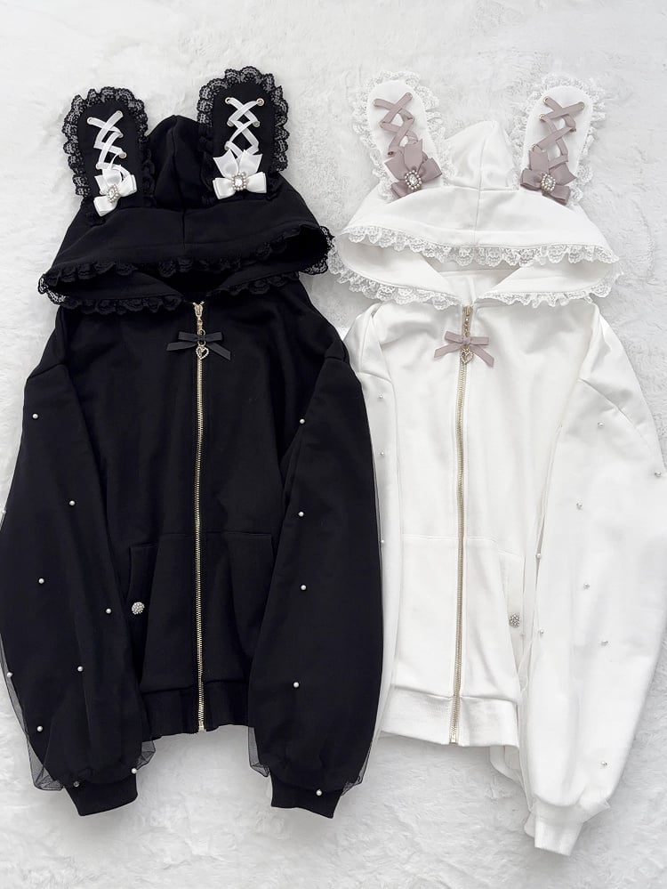 Jirai Kei – Kapuzenpullover mit Reißverschluss und Hasenohren, Spitzenbesatz, Perlendetails