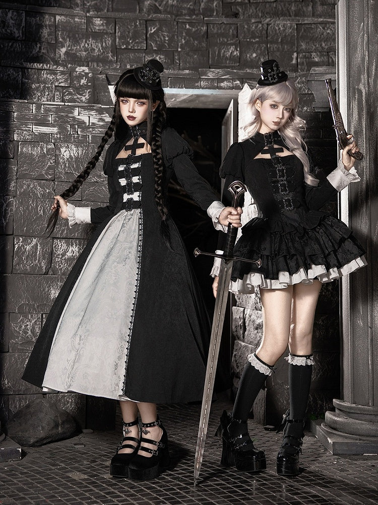 Black and White Gothic Long Lolita OP Gown with Metal Buckle and Mini Hat Set - With PUJI