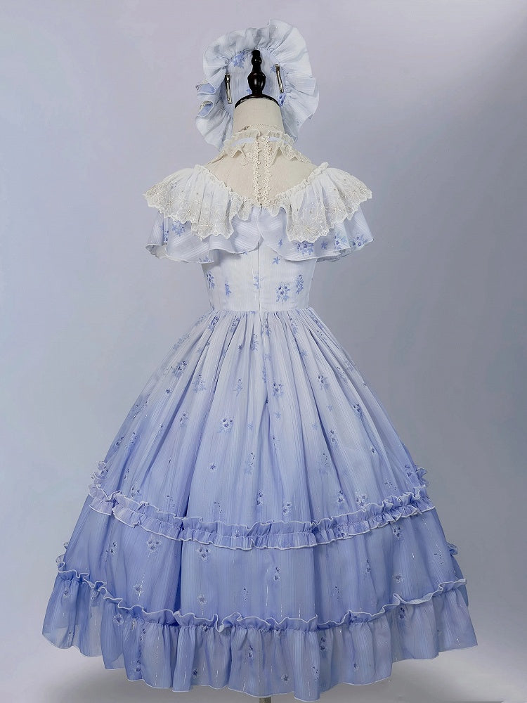Neck Blue Pansy Print Lolita Dress Elegant Edward