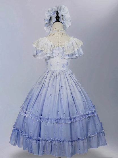 Neck Blue Pansy Print Lolita Dress Elegant Edward