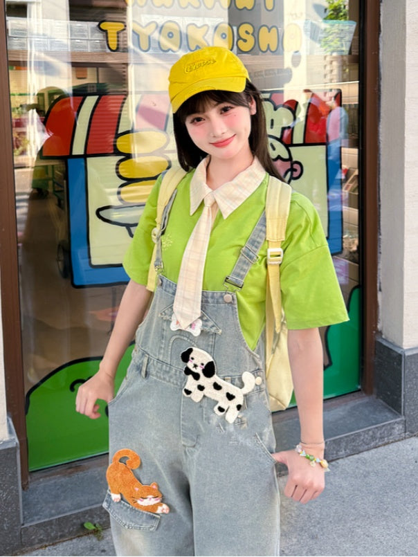 ライトブルーのハイウエストの愛らしい動物のアップリケデニムオーバーオール