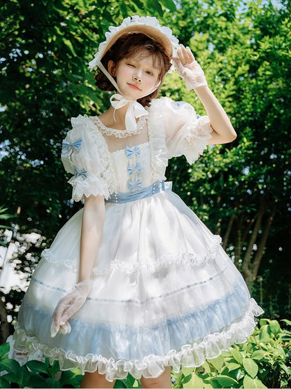 Lolita Bow Dress with Blue Accents and Classic Ruffle White