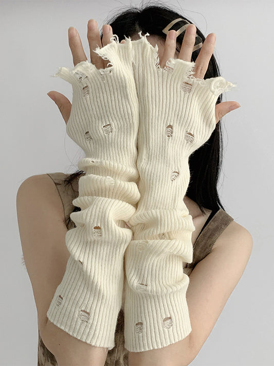 Distressed Holes Fingerless Knitted Long Gloves