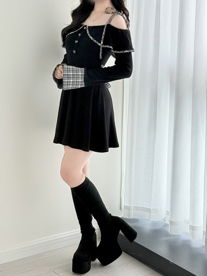 Off-the-Shoulder Jirai Kei and Heart with Partial Buttons Black Cuffs Dress Plaid Knit