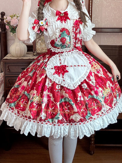 Red Sweet Apron Dress Print Strap Overall Lolita One-shoulder with Strawberry Heart