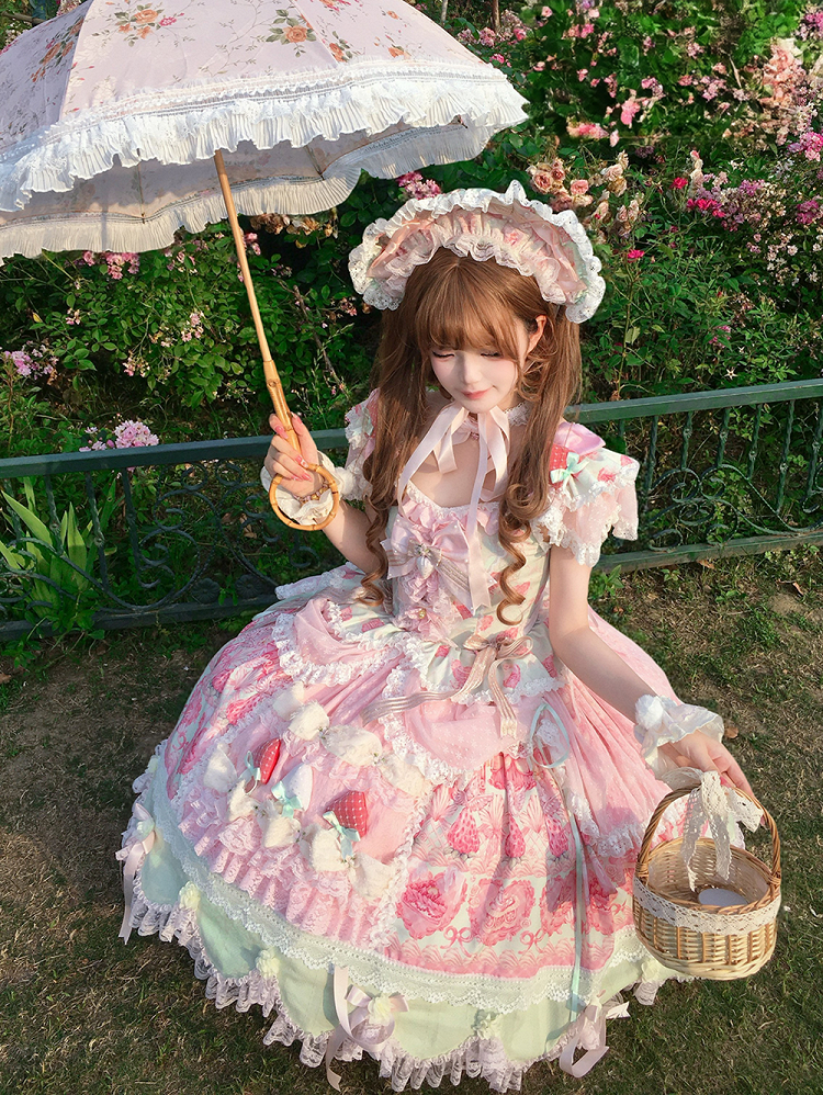 Green & Pink Strawberry Cake Print Flutter Sleeve Lolita JSK - Ball Lolita
