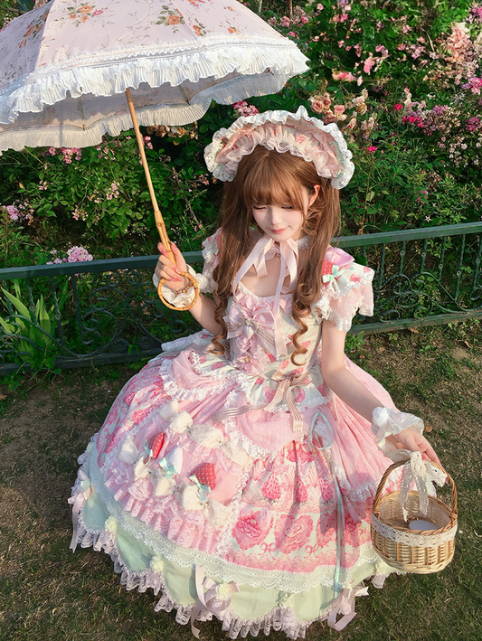 Green & Pink Strawberry Cake Print Flutter Sleeve Lolita JSK - Ball Lolita