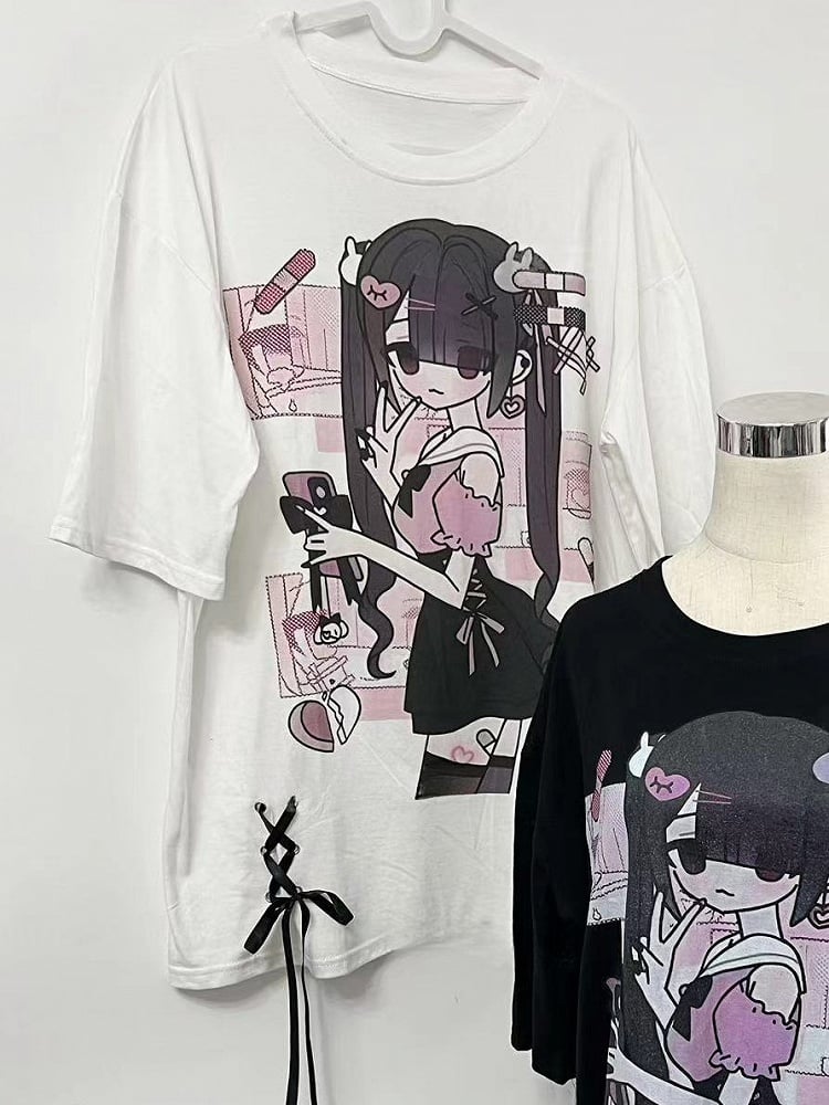 Jirai Kei Lace-up Print T-shirt Cartoon White Details