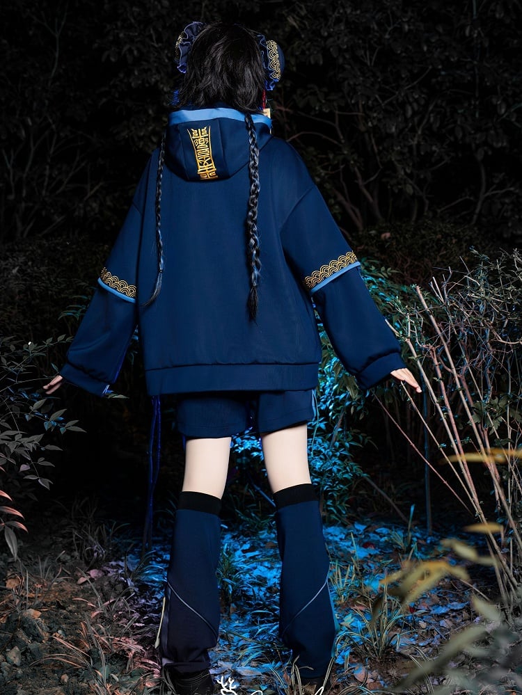 Navy Blue Elastic Waist Utility Shorts with Dangling Snap Straps