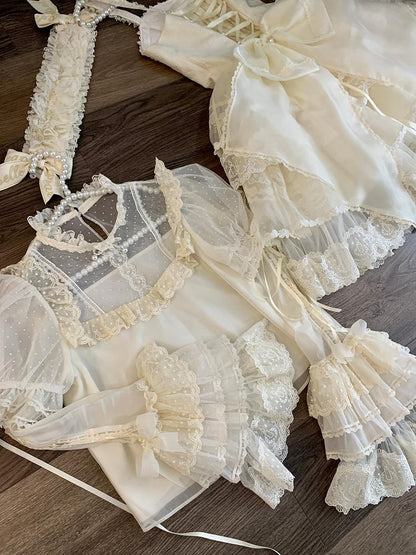 Tulle White with Sleeves Creamy Detachable Blouse Dotted Puff