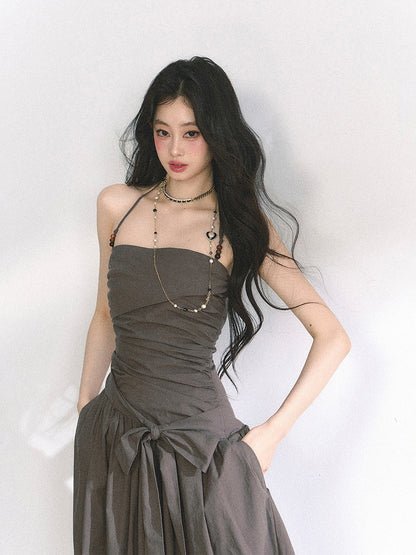 Pink/Graues Neckholderkleid mit Rüschendesign und Schleife zum Selbstbinden