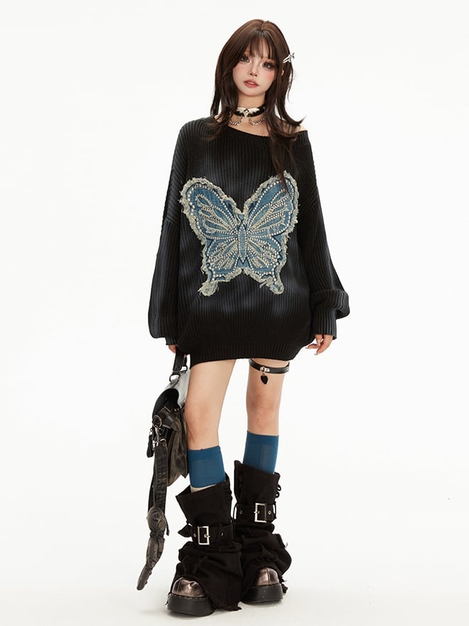 Wasteland Punk – Schwarzer Pullover mit Schmetterlingsapplikation und asymmetrischem Ausschnitt