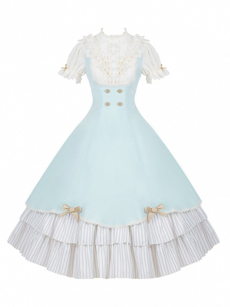Puff-Sleeve Long Lolita Dress in Beige and Blue with Scalloped Hem and Butterfly Bows - With PUJI