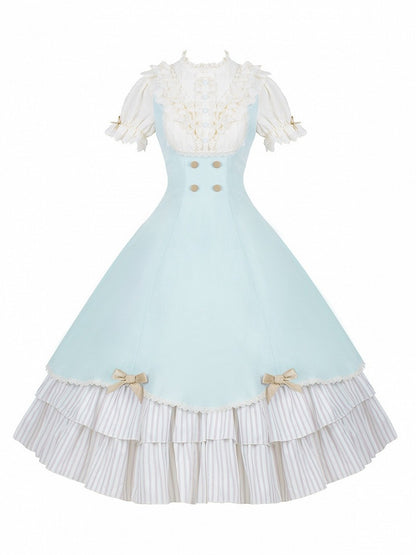Puff-Sleeve Long Lolita Dress in Beige and Blue with Scalloped Hem and Butterfly Bows - With PUJI