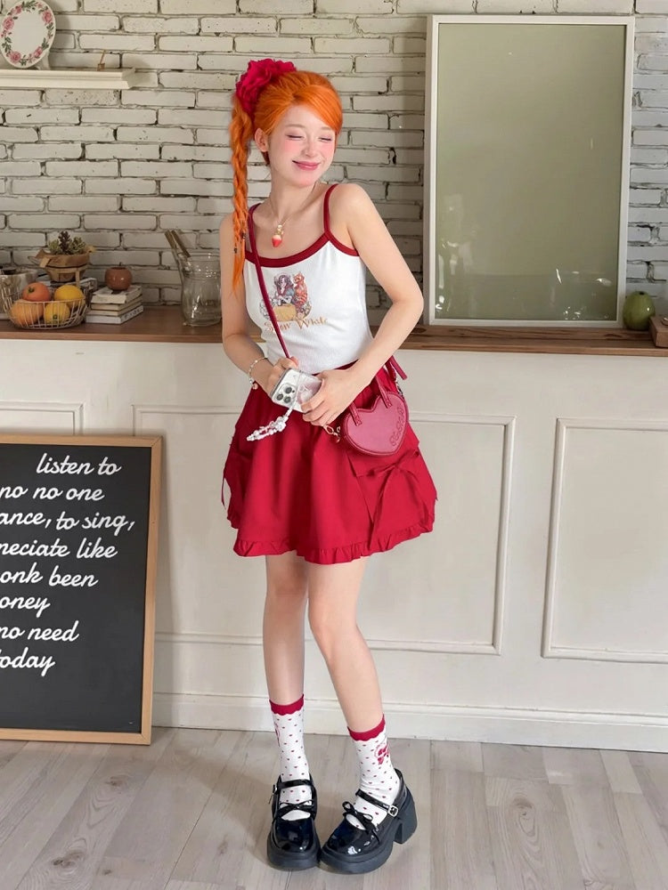 赤いハイフリル裾ウエストリボン飾りスカート