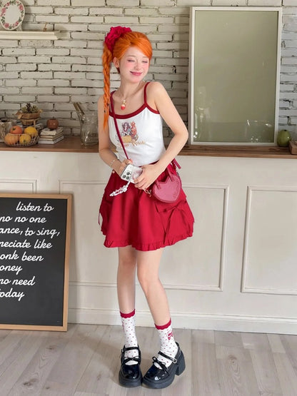 赤いハイフリル裾ウエストリボン飾りスカート