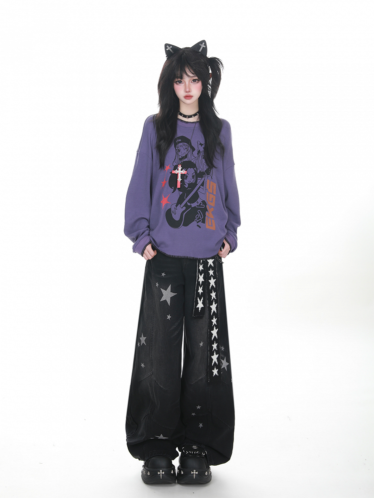 Wide-leg Blue/Black with Y2K Jeans Star Pattern
