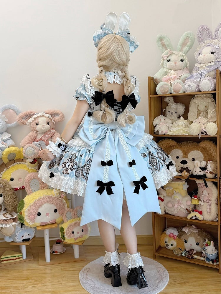 Blue White Diamond Sweet Lolita OP Dress with White Apron - Untitled Heartbeat