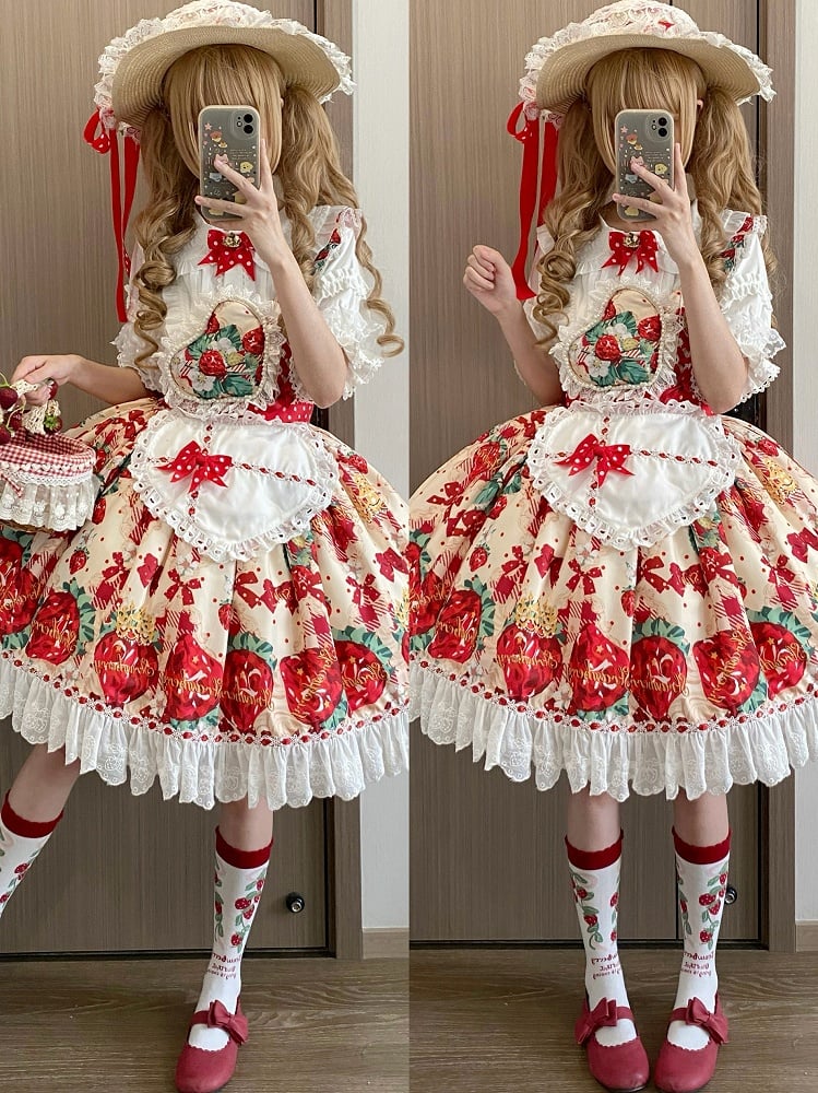 Dress Lolita Overall Heart Apricot Apron One-shoulder with Print Strap Strawberry Sweet