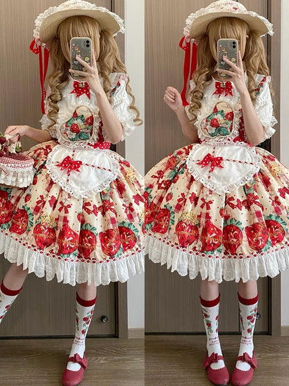 Dress Lolita Overall Heart Apricot Apron One-shoulder with Print Strap Strawberry Sweet