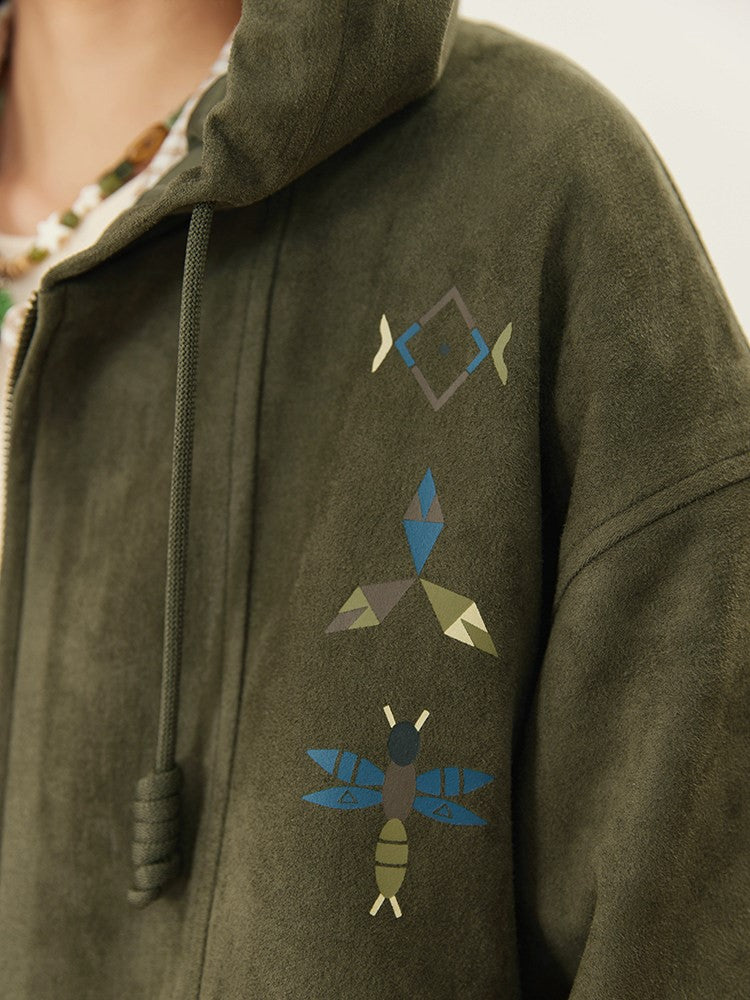 Ribbed Trim with Green Hood Vintage Print Hoodie Drawstring