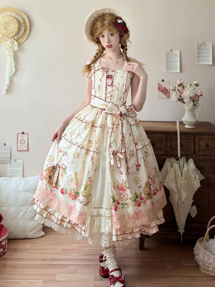 Lolita-Modekleid mit Blumenmuster und rosa Saum, Bunny Print House, Erdbeere und