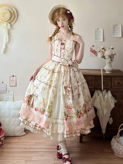 Lolita-Modekleid mit Blumenmuster und rosa Saum, Bunny Print House, Erdbeere und