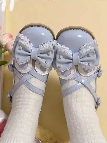 Ear Crisscross Beaded Decorated Design Top Blue Bow at Bunny