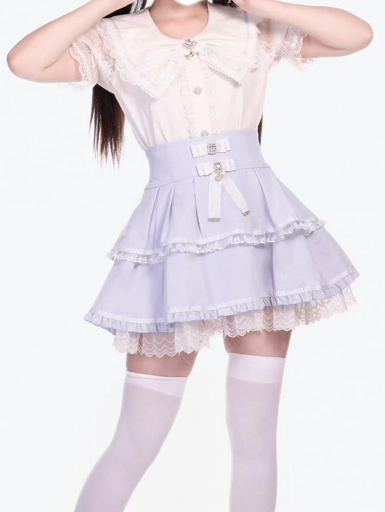 Bows Tiered Skirt High Waist Jirai Light with Kei Blue