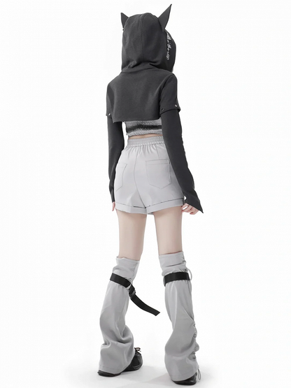 Dark Gray Wolf Ear Hooded Crop Top - PINK SAVIOR