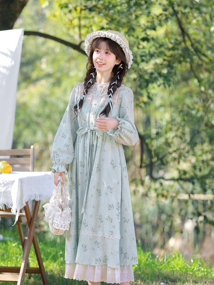 Blue Illusion Neckline Lace Trim Floral Dress with Self-tie Strap at Waist