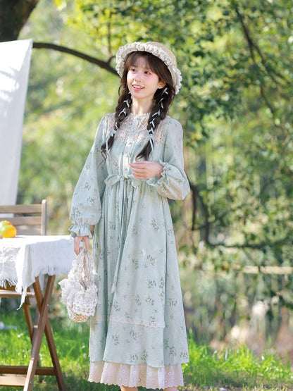 Blue Illusion Neckline Lace Trim Floral Dress with Self-tie Strap at Waist