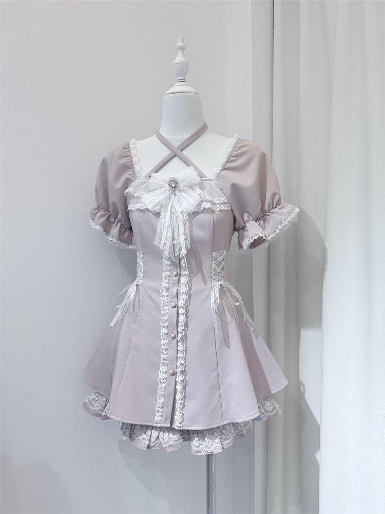 Dress Shorts Set: Buttons Coord Heart + Sweet Kei Jirai with Light Pink Shaped Halter