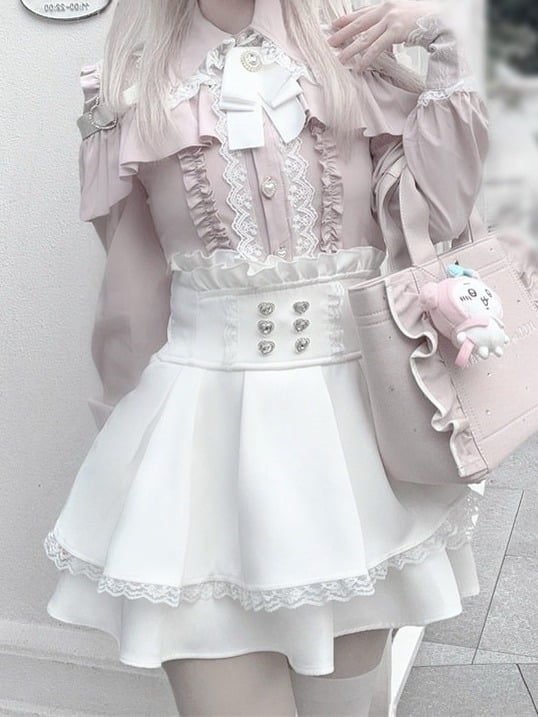 Ryousangata Trim White Skirt High-Waist Rhinestone-Embellished Lace