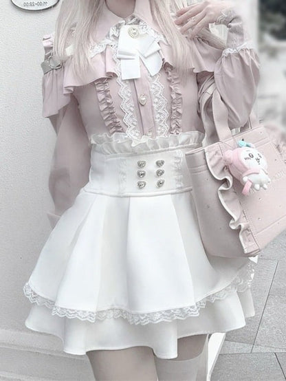 Ryousangata Trim White Skirt High-Waist Rhinestone-Embellished Lace