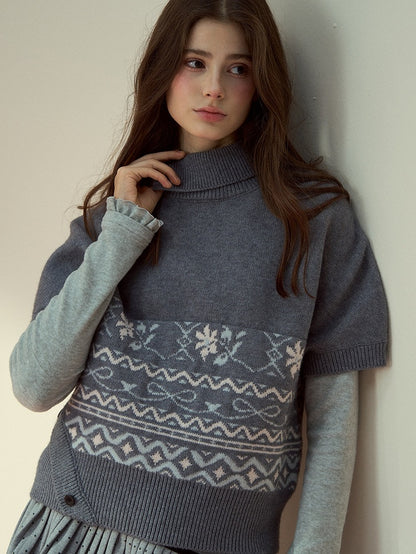 Short Pattern Sleeve Vintage with Gray Elegant Asymmetrical Sweater