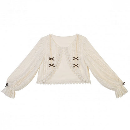 Beige Ruffled Cuffs Crochet Lace Lolita Cardigan with Bow Details
