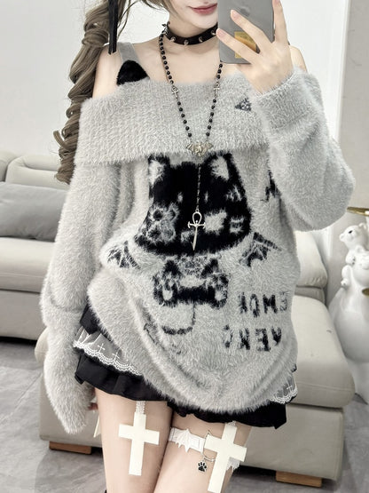 Faux with Gray/Black Cat Off-Shoulder Motif Sweater Fur