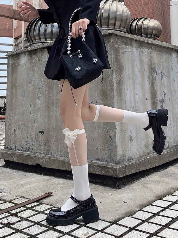 Mesh White/Black Bow Lace Decorations with Socks Calf