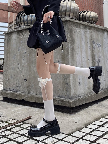 Mesh White/Black Bow Lace Decorations with Socks Calf
