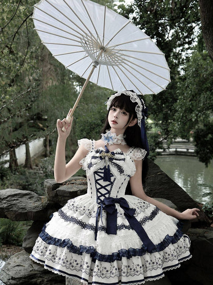 Blue and White Porcelain Corset Waist Lolita JSK Dress with Tassel Bows - Miss Han
