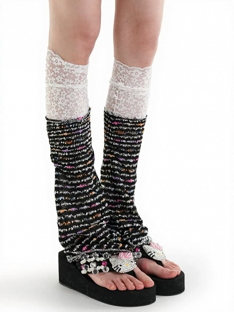 Two-Tone Knit Leg Warmers with Lace Trim - ModaSwings